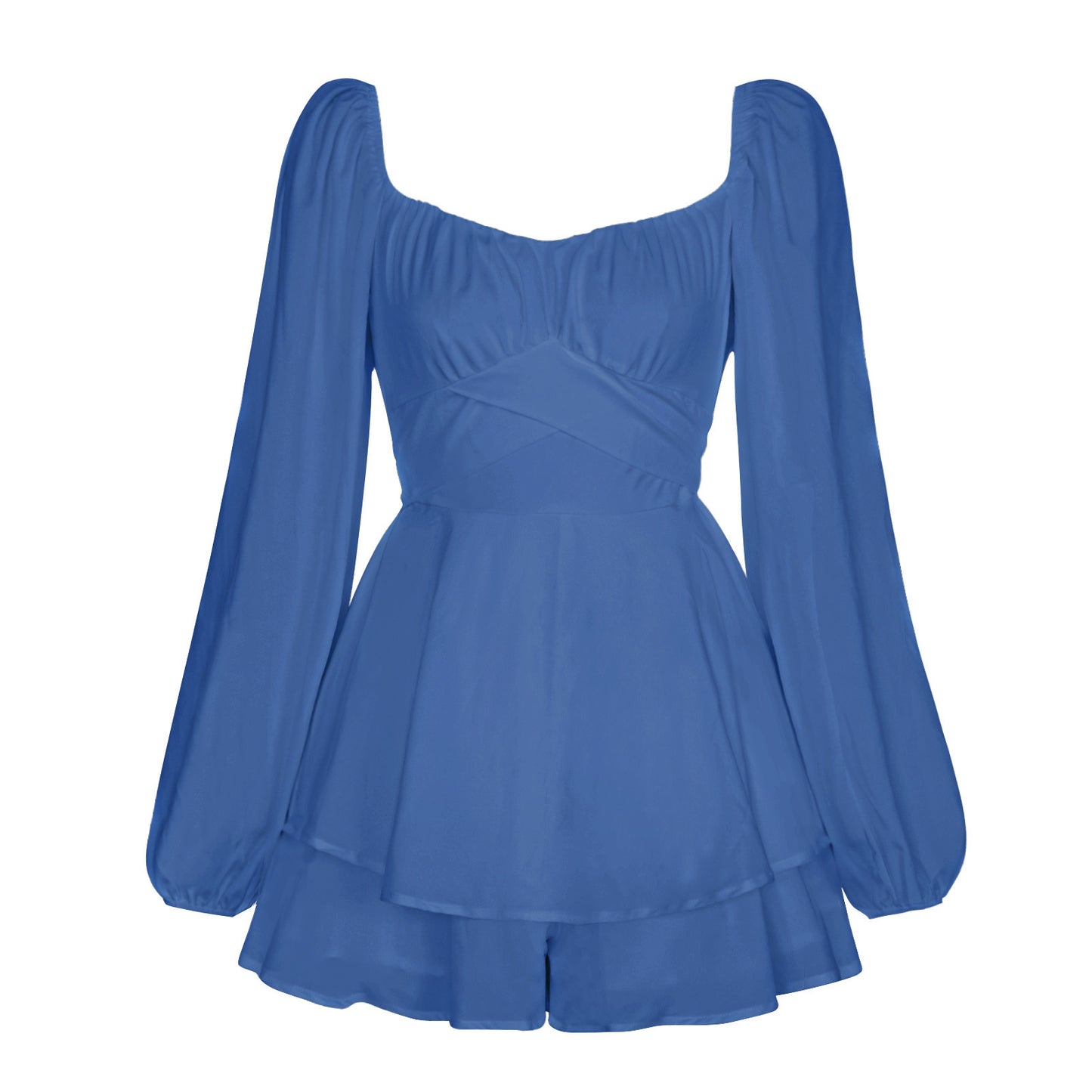 Ruffled V-Neck Women's Long Puff Sleeve Shorts Romper
