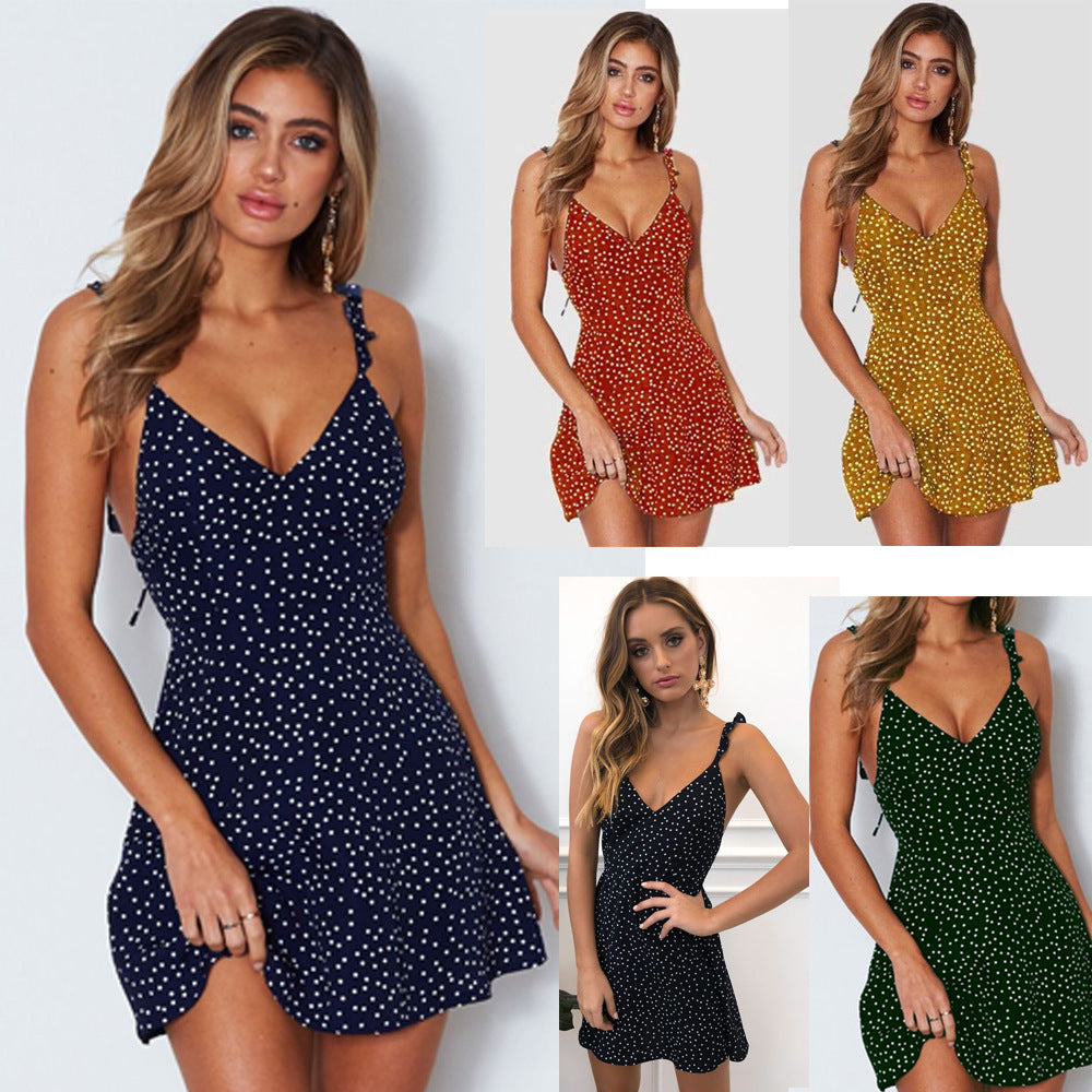 Polka Dot Print Lace-Up Back V-Neck Spaghetti Strap Mini Beach Sundress