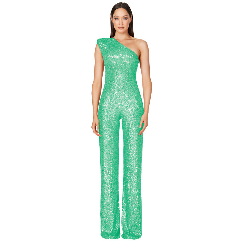Sequin Sleeveless Sparkling Glitter Asymmetrical One Shoulder Women's Jumpsuit