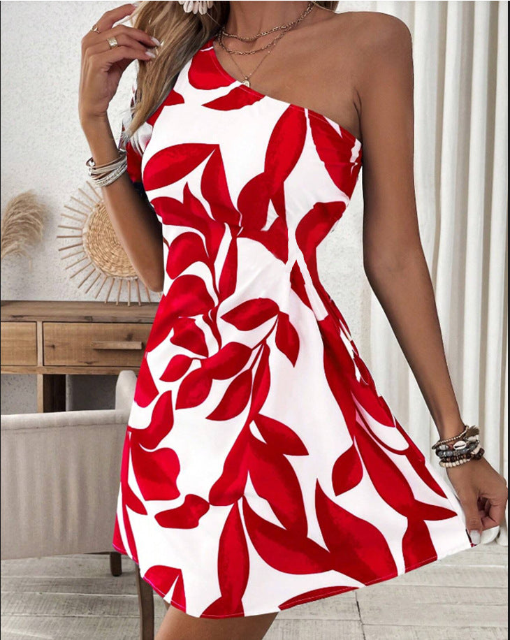 Asymmetrical One Shoulder Red/White Flower Print Mini Dress