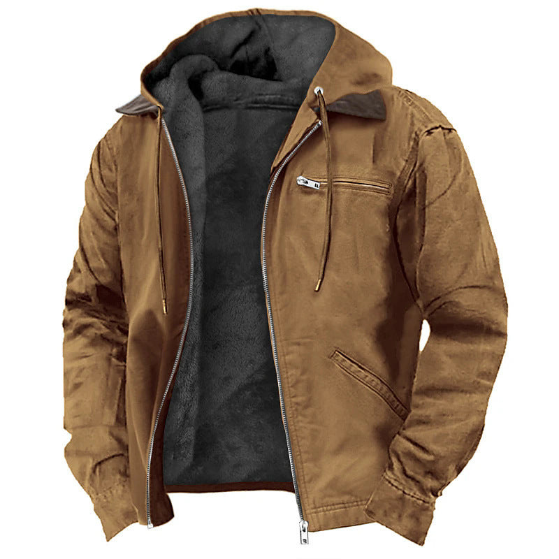 Men's Hooded Pocketed Warm Fleece Lined Zipper Jacket