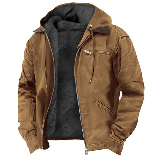 Men's Hooded Pocketed Warm Fleece Lined Zipper Jacket