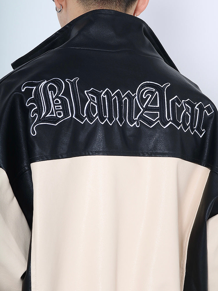 Men's PU Leather Letter Print Hip-Hop Colorblock  Contrast Patchwork Embroidered Bomber Jacket