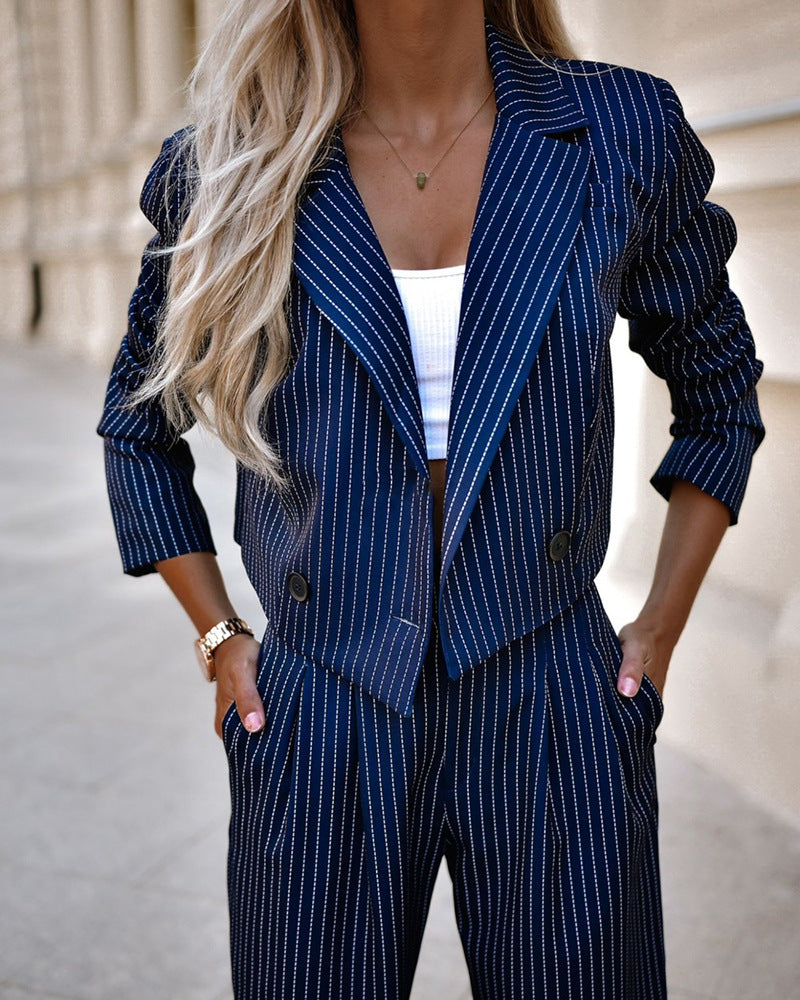 Pinstriped Long Sleeve Cropped Women's Blazer Jacket + Straight Pants Suit
