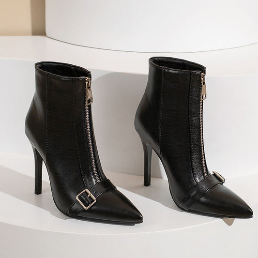 Zipper Front Women's Belt Buckle Design High Heel Ankle Boots