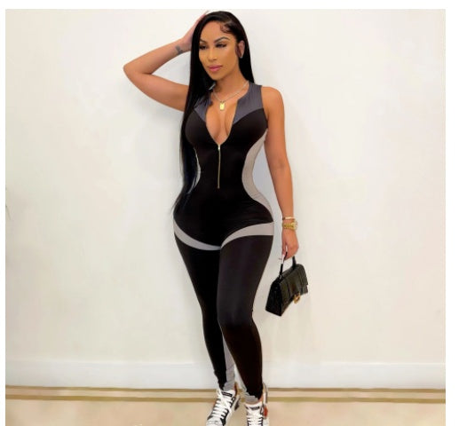 Fitness Sleeveless Deep V-Neck Colorblock Camisole Smocked Women's Skin Tight Yoga Workout Zipper Jumpsuit