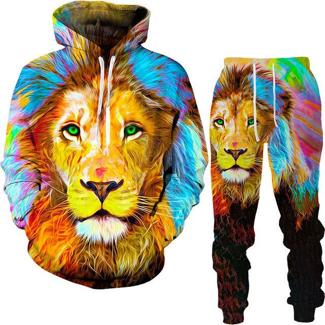 Men's 3D Lion King Print Drawstring Hoodie Sweatshirt + Sweatpants Tracksuit