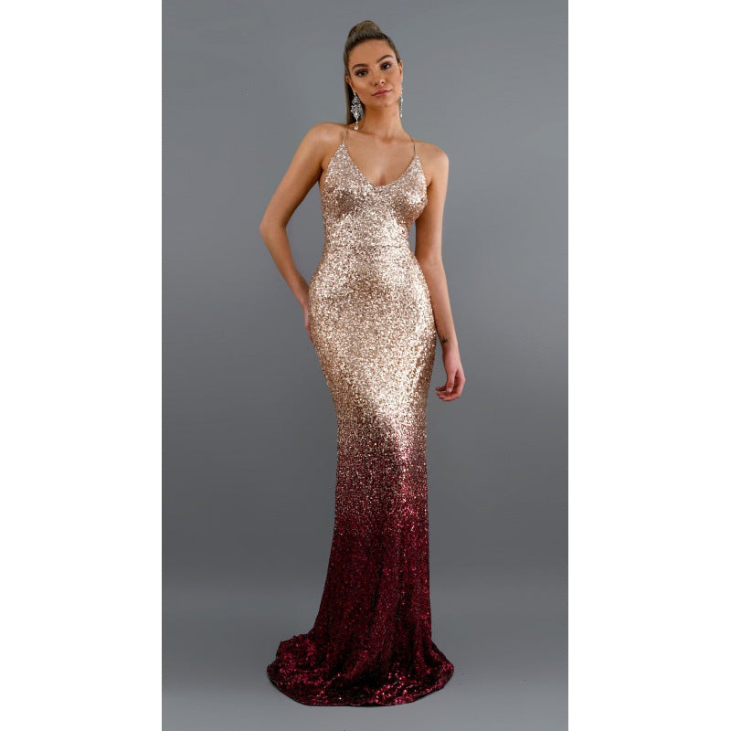 Ladies Sexy V-neck Halter Gradient Long Dress