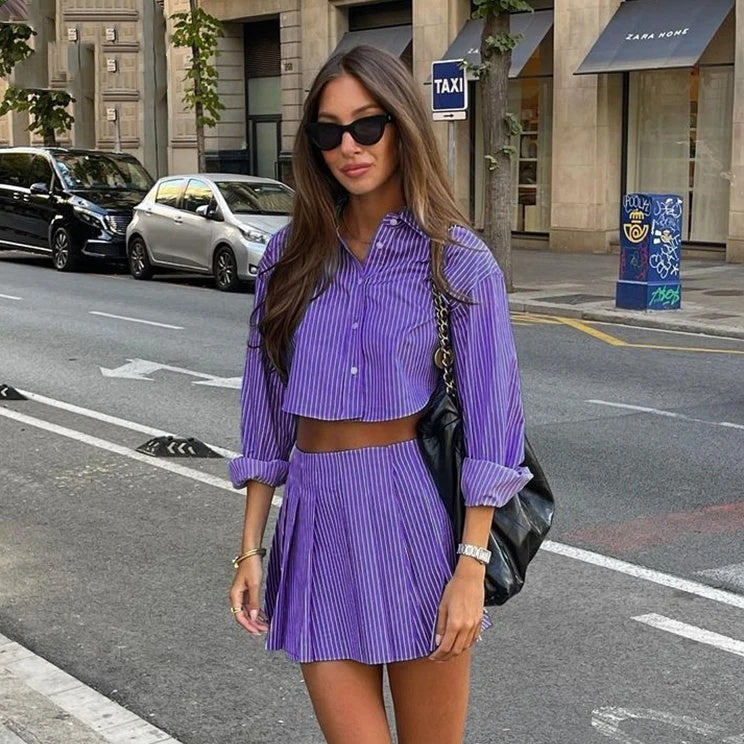 Striped Women's Turn-Down Collar Long Sleeve Blouse + Pleated Mini Tennis Skirt 2-Piece Set