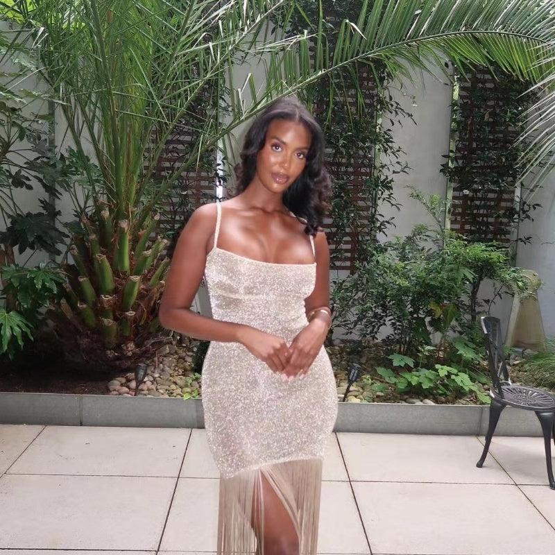 Sparkling Glitter Tassel Fringe Detail Spaghetti Strap Sling Dress