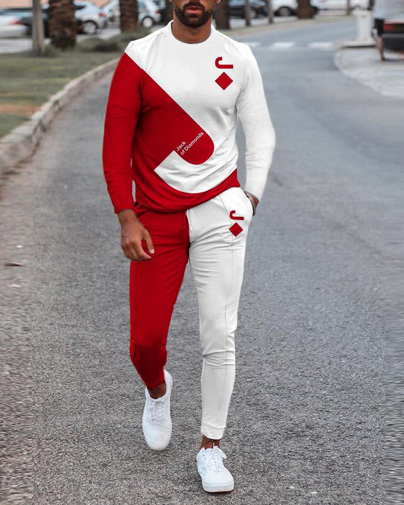 Men's Jack of Diamonds/Geometric/Aztec Print O-Neck Long Sleeve Pullover Sweatshirt + Jogger Sweatpants Tracksuit