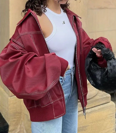 PU Leather Leopard/Solid Color Turn-Down Collar Long Sleeve Women's Motorcycle Biker Zipper Jacket