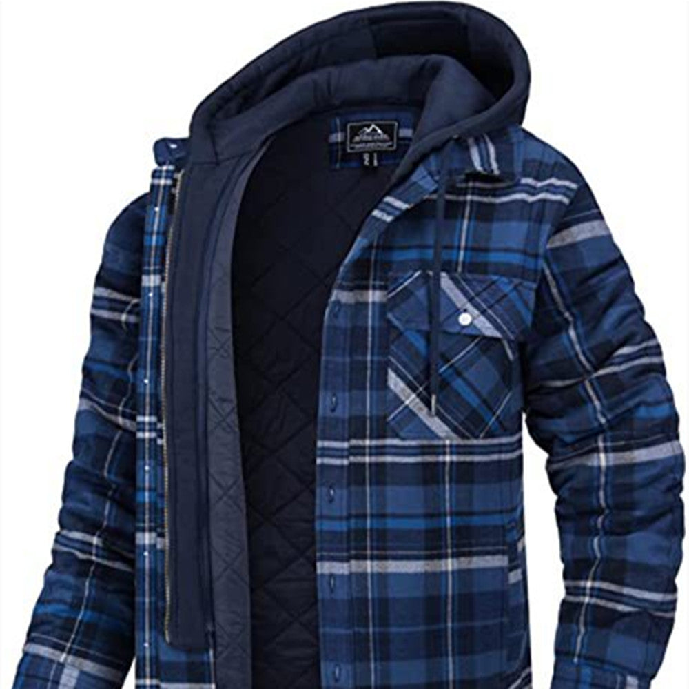 Men's Plaid Pocketed Button Thick Padded Drawstring Layered Zipper Hoodie Jacket