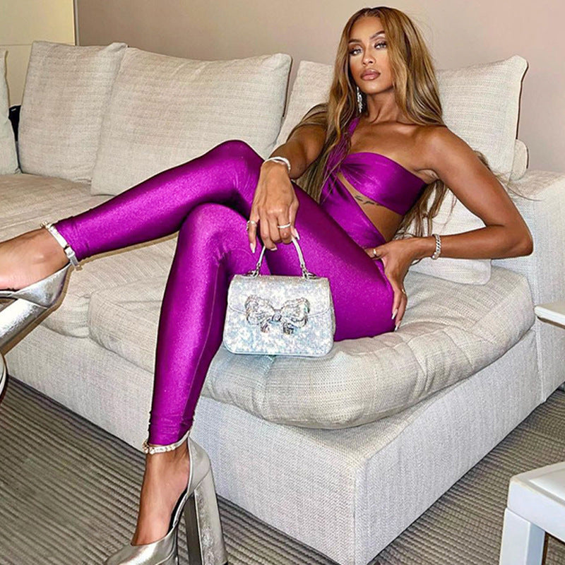 Backless Asymmetrical Hollow-Out One-Shoulder High Waisted Skinny Women's Sexy Jumpsuit