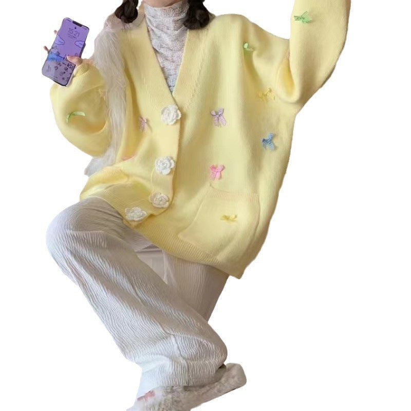 Bowknot Flower Embroidered Oversized Knitted Cardigan Women's Sweater