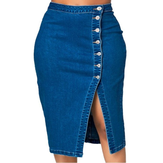 Blue Denim Button-Up Design High Slit Midi Jean Skirt to 4X Plus Size