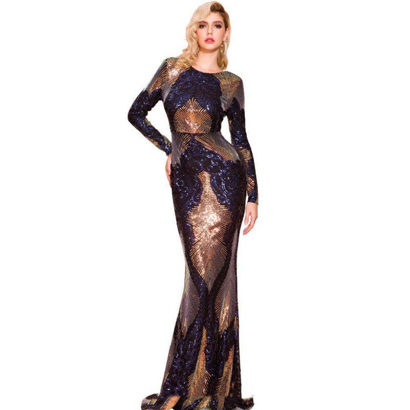 Metallic Sequin Design Backless Long Sleeve Formal Evening Gown Party Floor-Length Dress