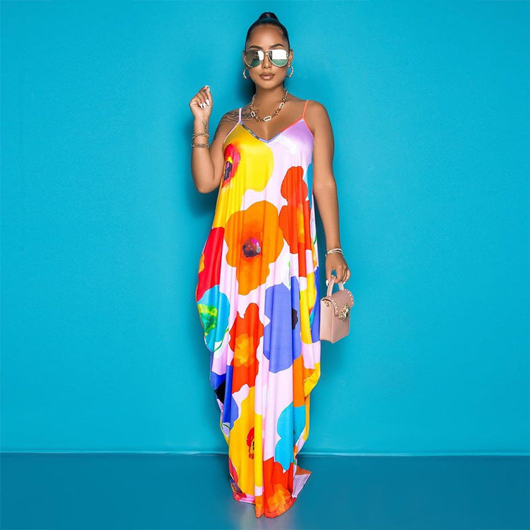 Pastel Big Flower Print Pocketed Loose Spaghetti Strap Harem Maxi Dress