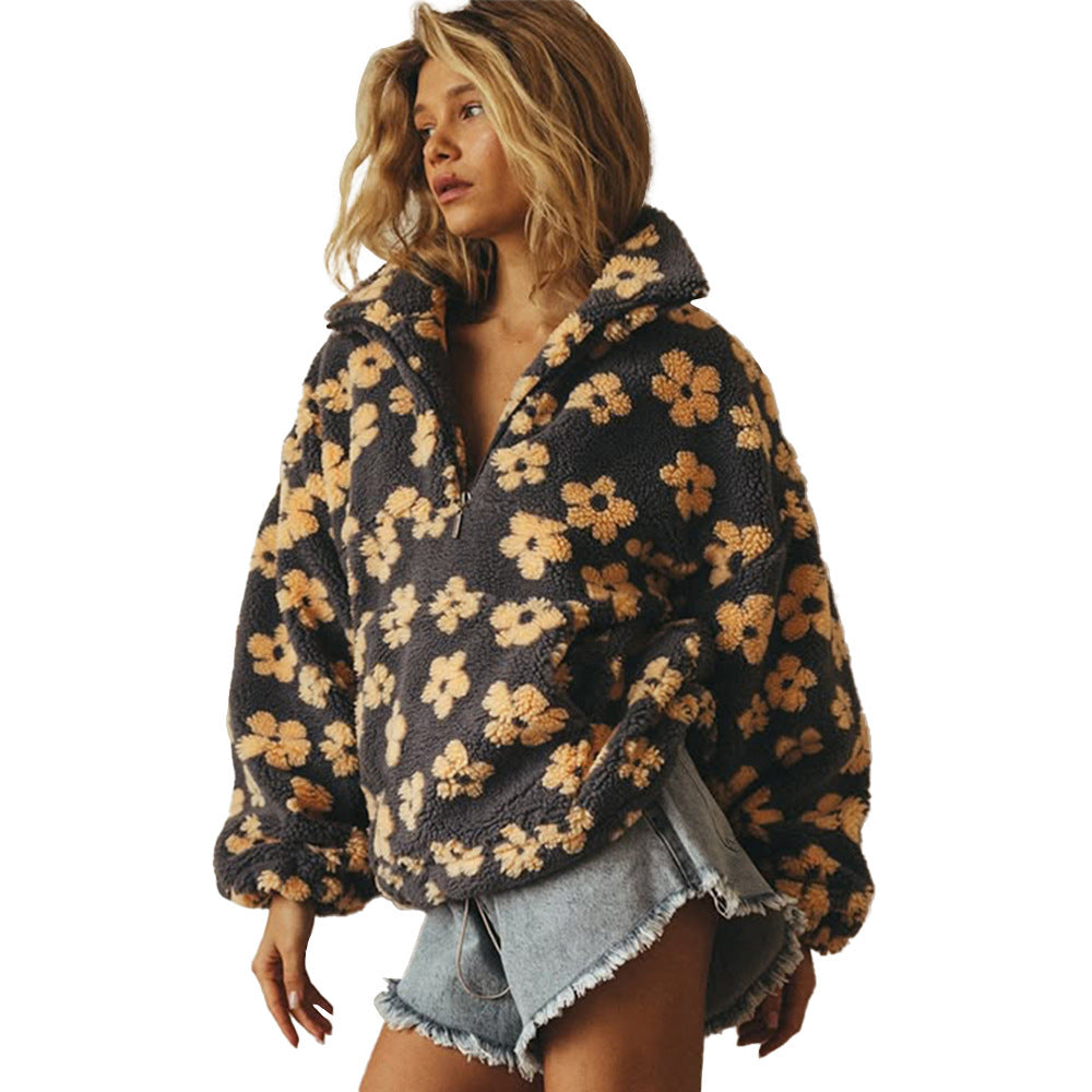 Fleece Lambskin Big Flower Print Pocketed Loose Pullover Long Sleeve Women's Zipper Sweatshirt