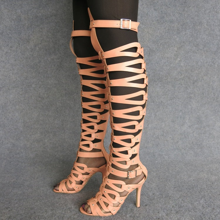 Hollow-Out Punk Rivet Design Open Toe High Heel Boots