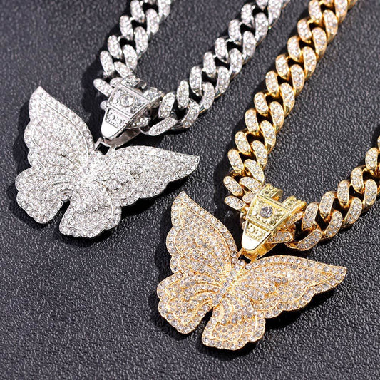 Iced-Out Large Diamond Silver/Gold Butterfly Pendant Cuban Chain Necklace-5 Sizes