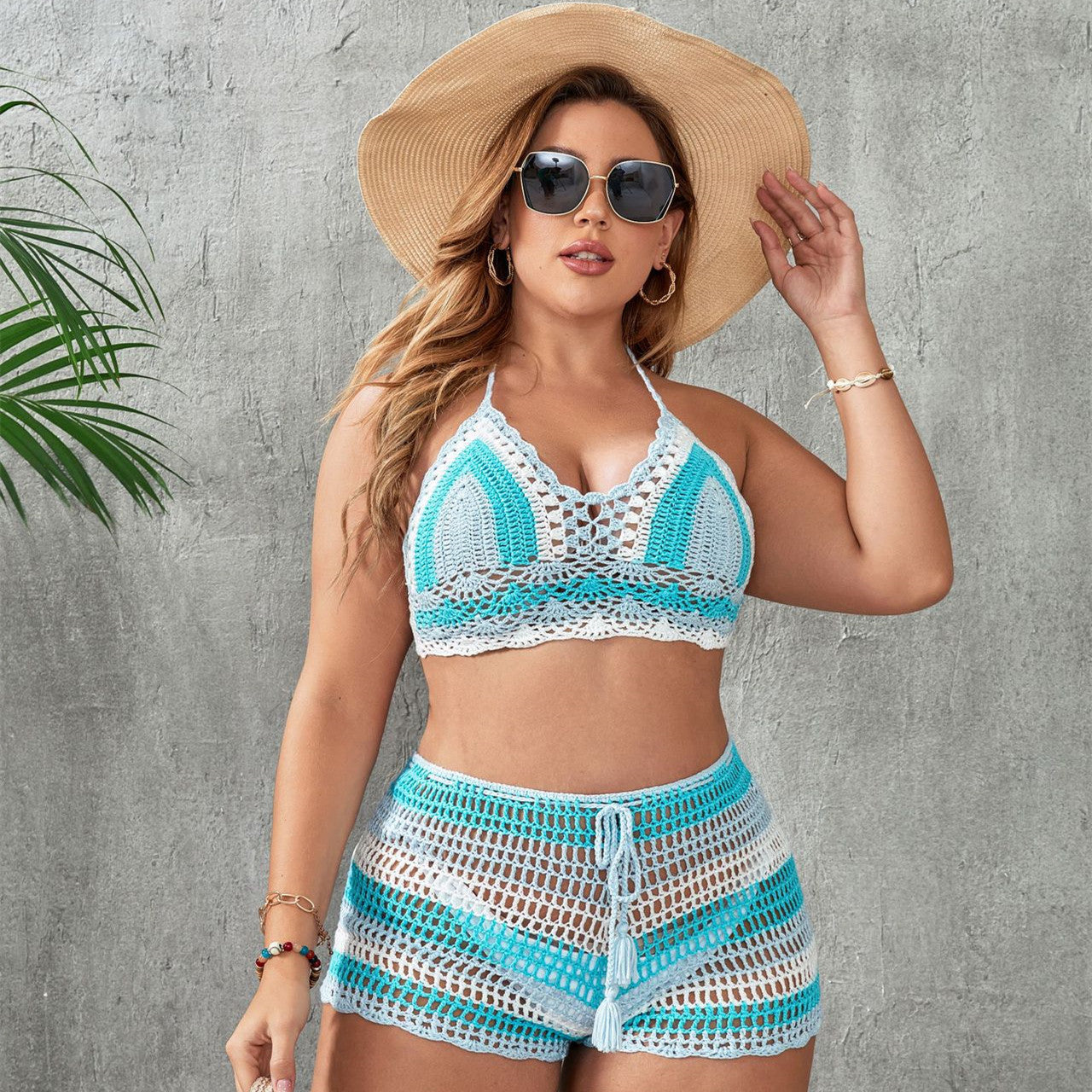 Crochet Knitted Striped Colorblock Hollow-Out 2-Piece Women's Bikini Swimsuit to 3X Plus Size