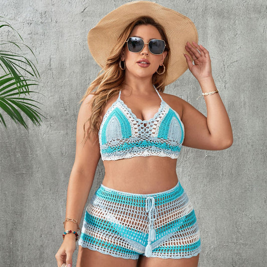 Crochet Knitted Striped Colorblock Hollow-Out 2-Piece Women's Bikini Swimsuit to 3X Plus Size
