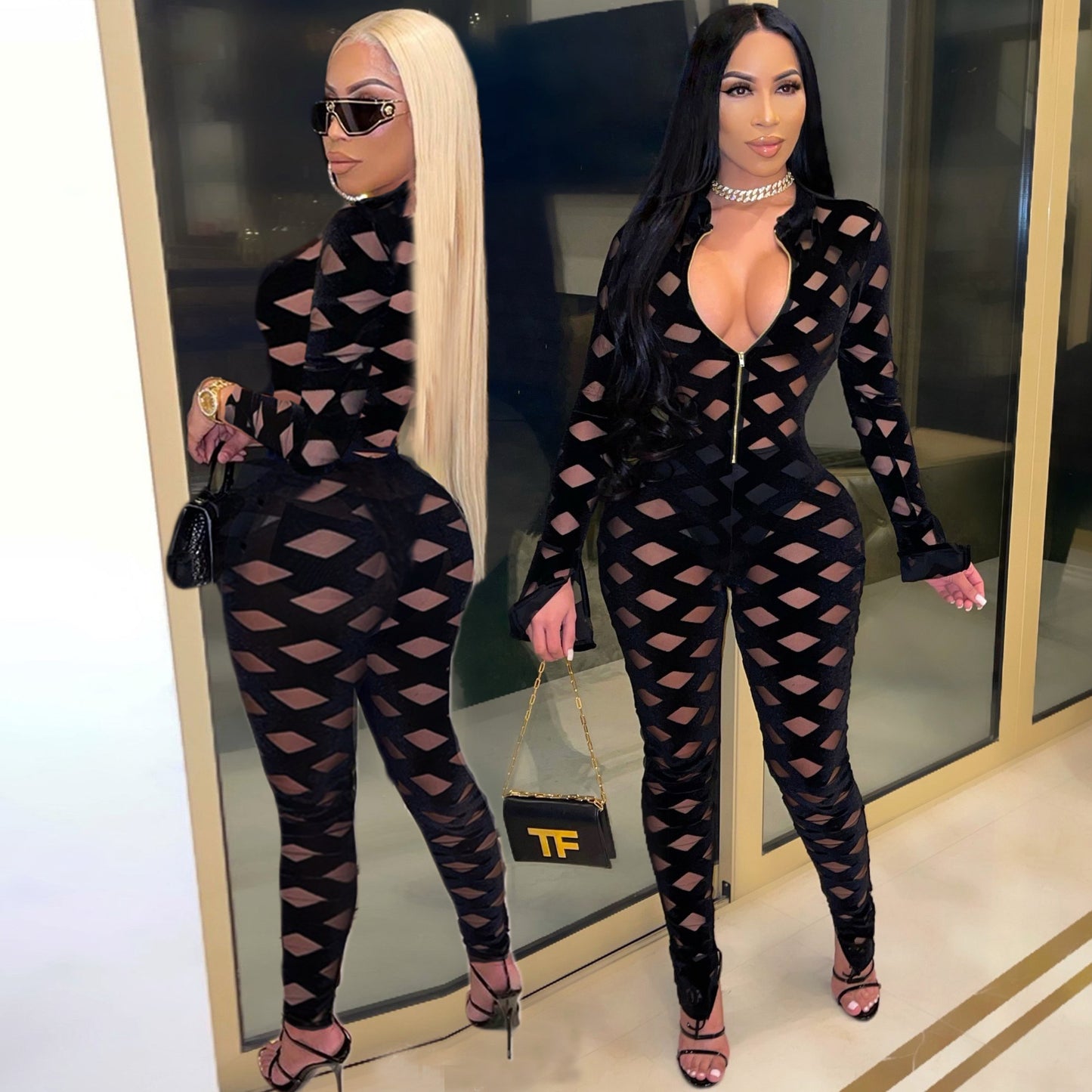 Mesh Sheer CrissCross Colorblock Pattern Women's Long Sleeve Deep V-Neck Skinny Women's Zipper Jumpsuit