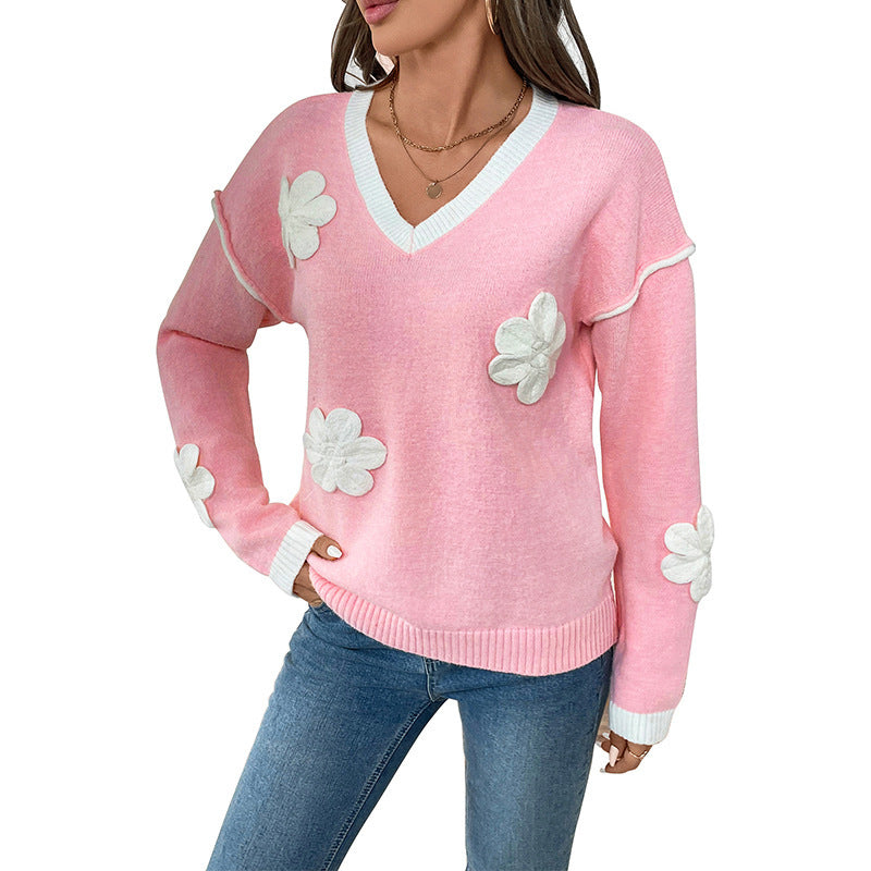 Pink/White Big Flower Embroidered V-Neck Loose Women's Long Sleeve Sweater