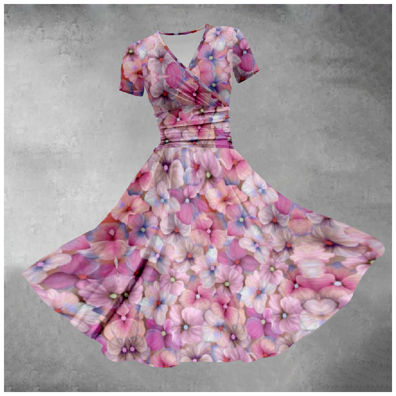 Pastel Rainbow Striped Colorblock/Flower Print V-Neck Short Sleeve Midi Big Swing Dress to 5X Plus Size