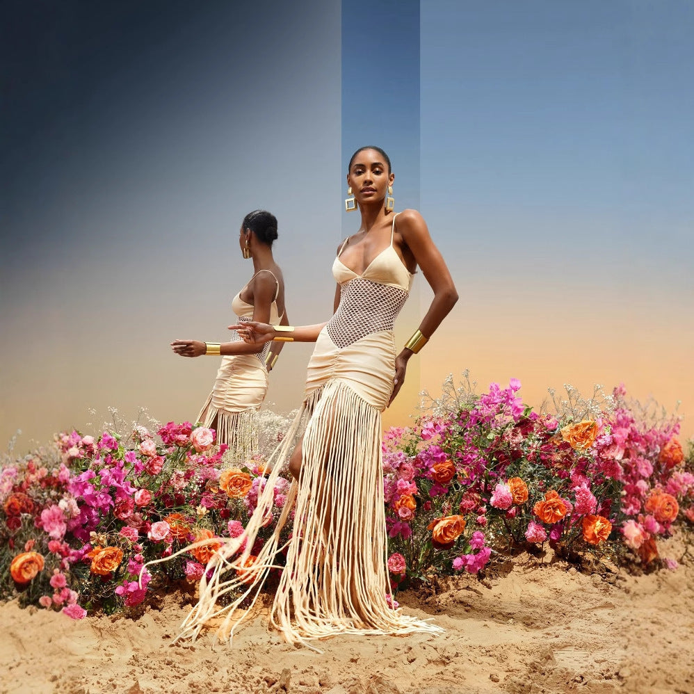 Champagne Mesh Net Hanging Tassel Fringe Design Sleeveless V-Neck Spaghetti Strap Formal Party Dress