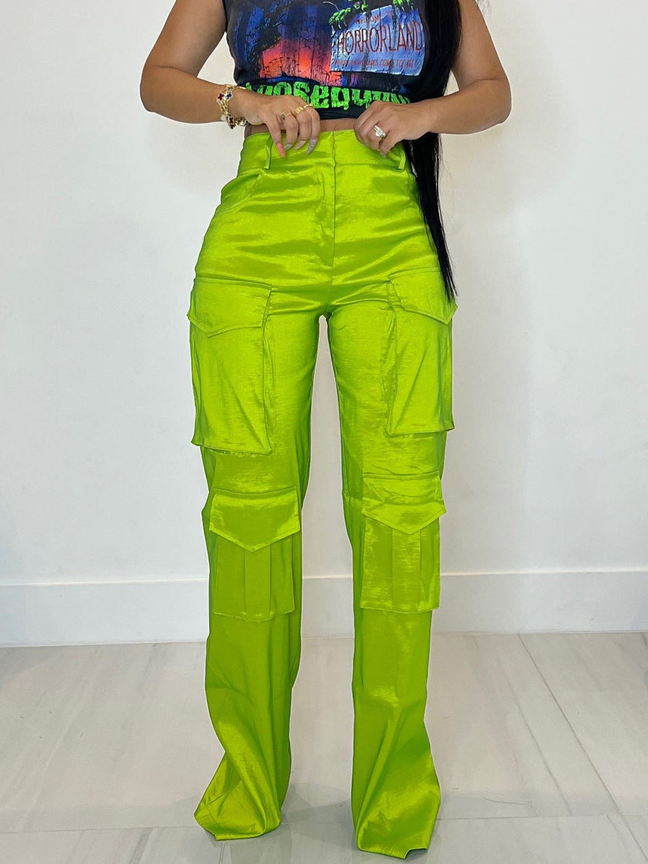 Shiny High Waisted Women Pocketed Cargo Pants