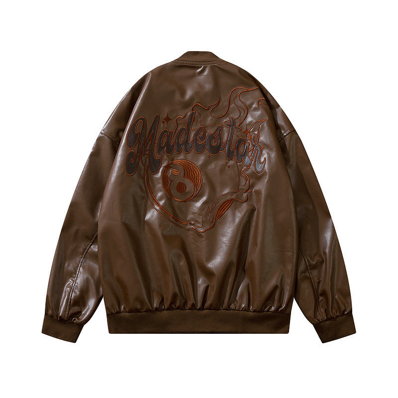 Men's PU Leather Loose Baseball Hip-Hop Turn-Down Collar Zipper Bomber Jacket