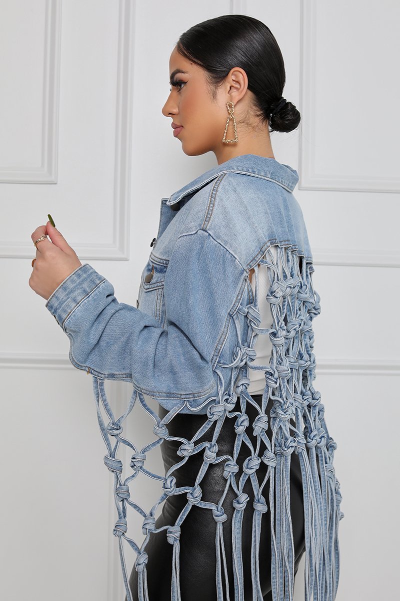Denim Mesh Knotted Tassel Fringe Net Back Design Women's Jean Jacket to 3X Plus Size