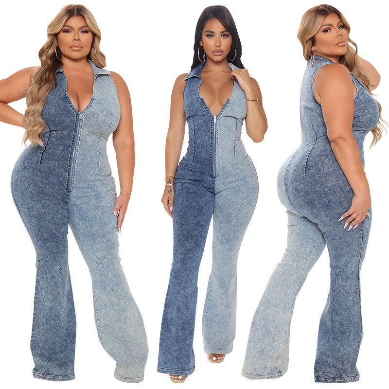 Denim Washed 2-Tone Colorblock Women's Sleeveless Turn-Down Collar Zipper Jean Jumpsuit to 5X Plus Size