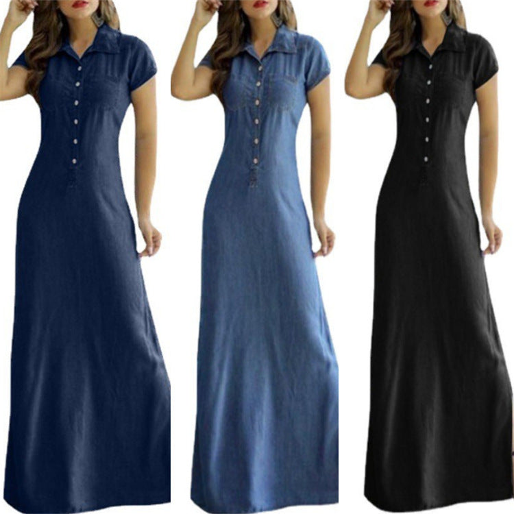 Denim Button-Up Short Sleeve Maxi Jean Dress to 5X Plus Size