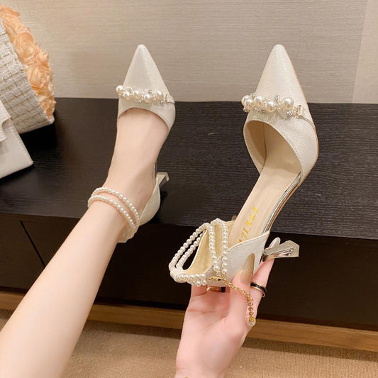 White Pearl Embellished Women's Style High Stiletto Slingback Gold Chain Buckle Strap Design Bridal/Party Pumps
