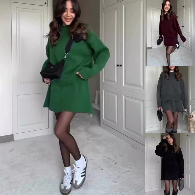 Knitted Long Sleeve Pullover Solid Color Sweater + High Waist Mini Skirt Women's 2-Piece Set to 3X Plus Size