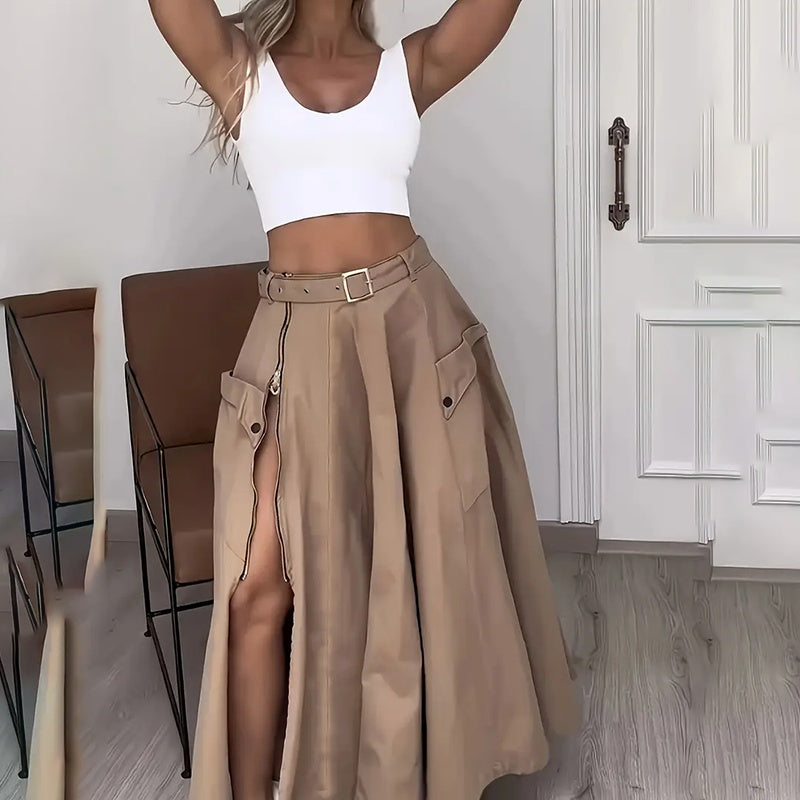 Cropped Vest Top + Multi-Pocketed High Slit Maxi Cargo Skirt Women's 2-Piece Set
