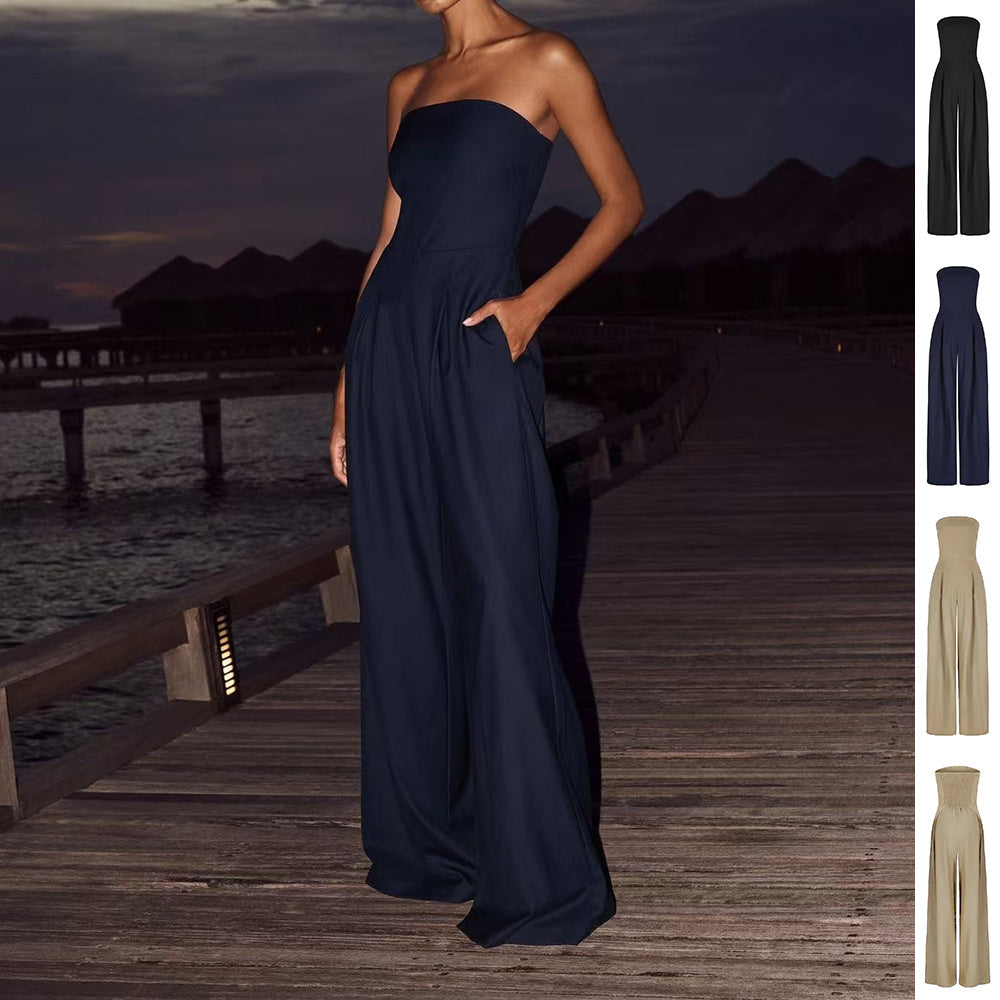 Sleeveless Strapless Ruched Elastic Tube Top Design Backless Wide Leg Women's Solid Color Jumpsuit