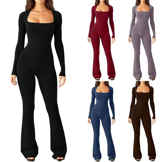 Solid Color Women's Long Sleeve Skinny Fit Square Collar Wide Leg Elastic Jumpsuit