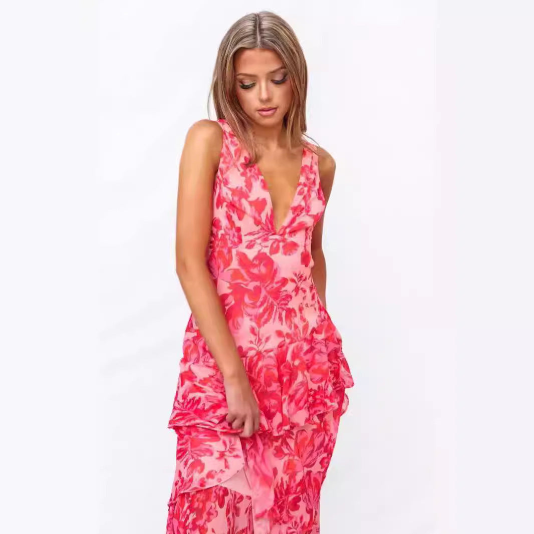 Floral Print Temperament Tiered Sleeveless Fairy Maxi Dress
