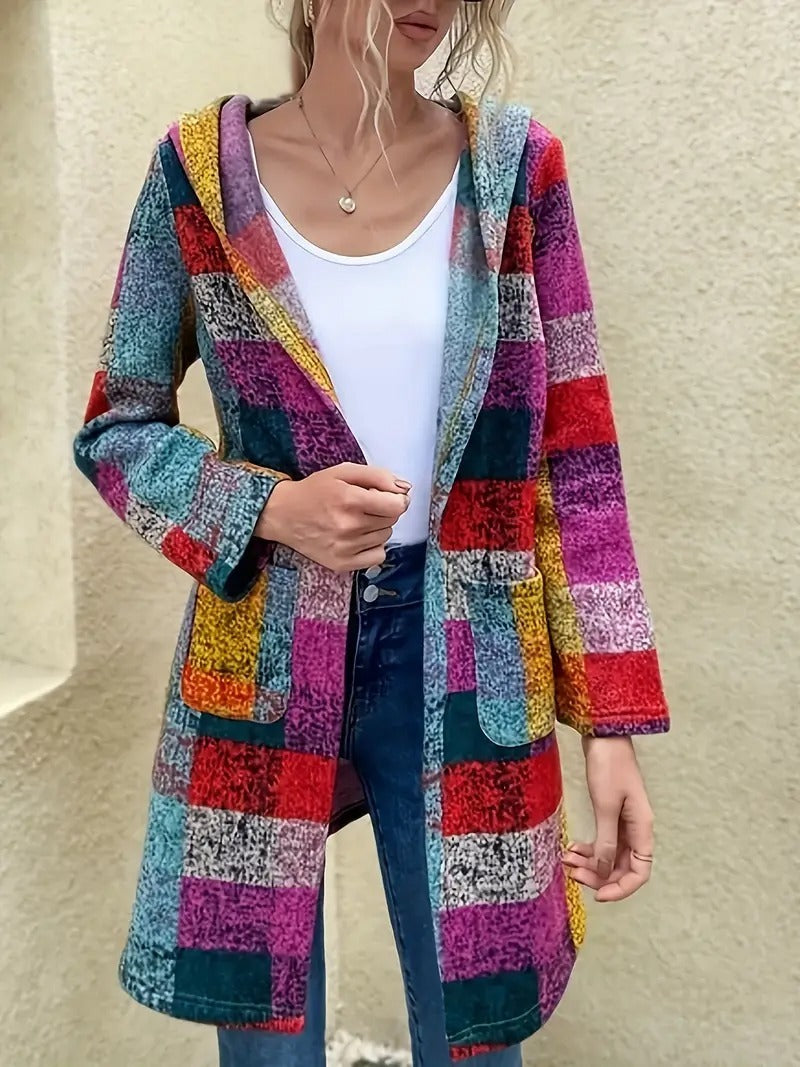 Rainbow Plaid Colorblock Geometric Print Women's 3/4 Length Pocketed Hoodie Coat
