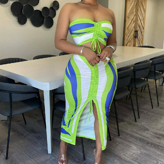 Striped Colorblock Print Sleeveless Tube Bra + High Slit Maxi Skirt 2-Piece Set