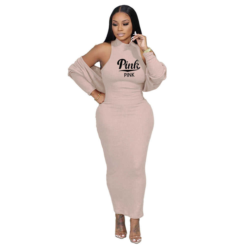 "Pink" Ribbed Knitted Women's Cardigan + Sleeveless Maxi Dress 2-Piece Set