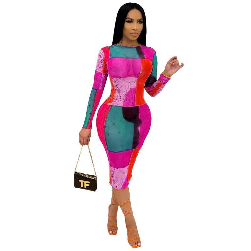 Geometric Colorblock Digital Print Long Sleeve Bodycon Midi Dress