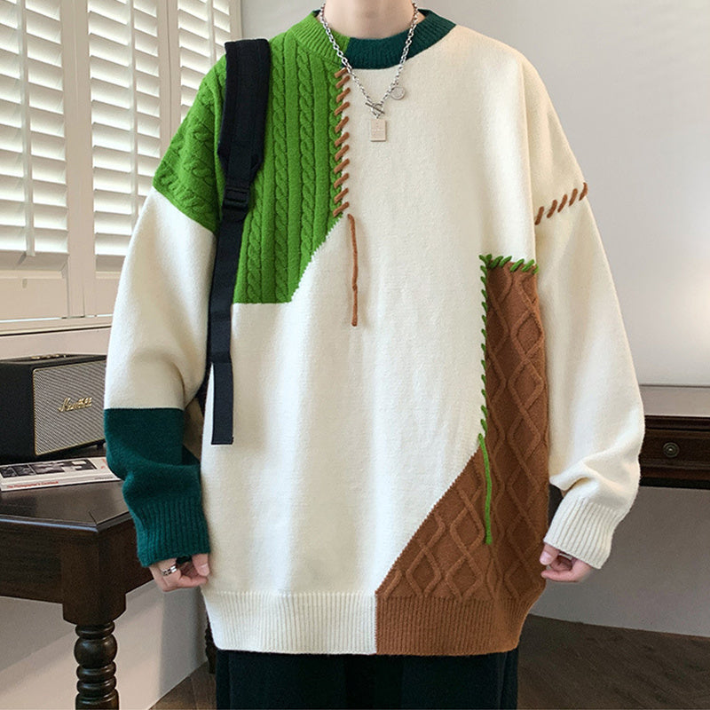 Men's Colorblock Stitch Pattern Oversized Hip-Hop Pullover Long Sleeve Sweater