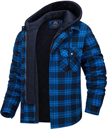 Men's Plaid Pocketed Button Thick Padded Drawstring Layered Zipper Hoodie Jacket
