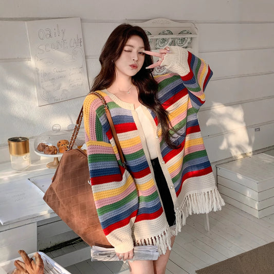 Oversized Striped Multi-Colored Tassel Fringe Design Women's Cardigan Sweater