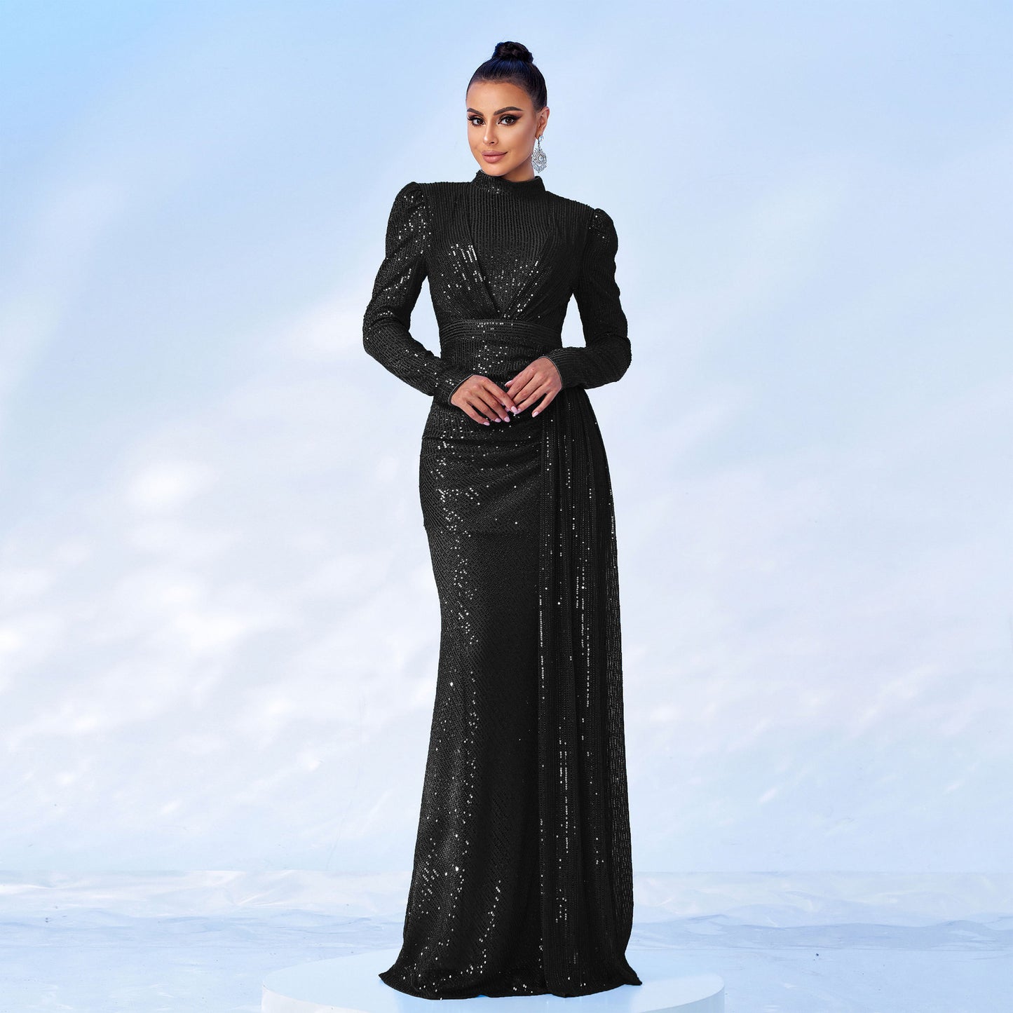 Glitter Sparkling Sequin Design Ruched Pleat3d Long Sleeve O-Neck Formal Floor-Length Dress